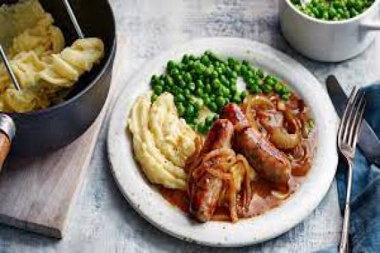 2 SAUSAGE, MASH, ONIONS & PEAS